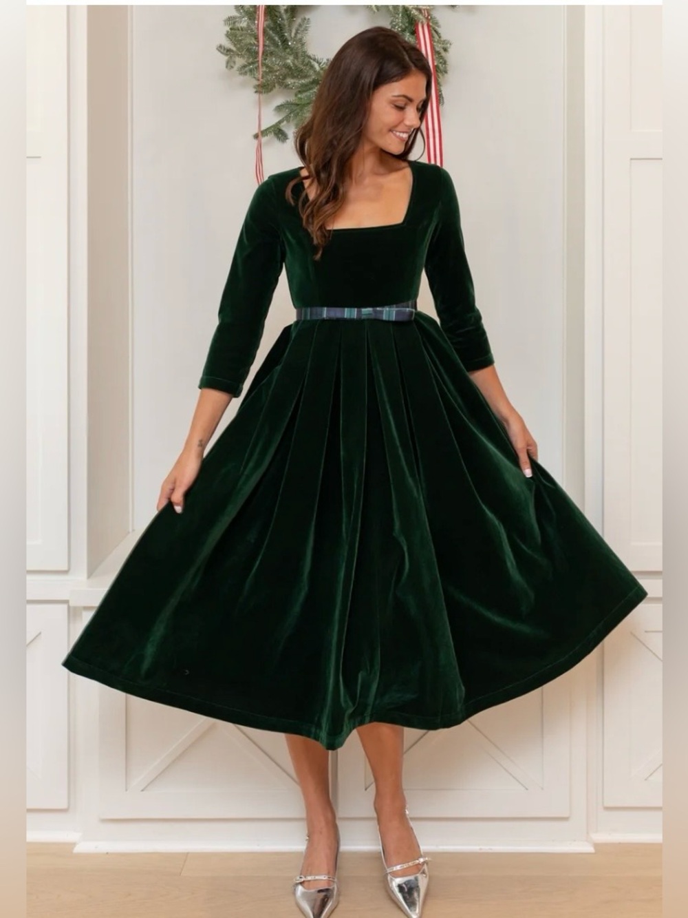 HENRY DUVALL Margot Green Velvet Tartan Waistband Dress Size Large
